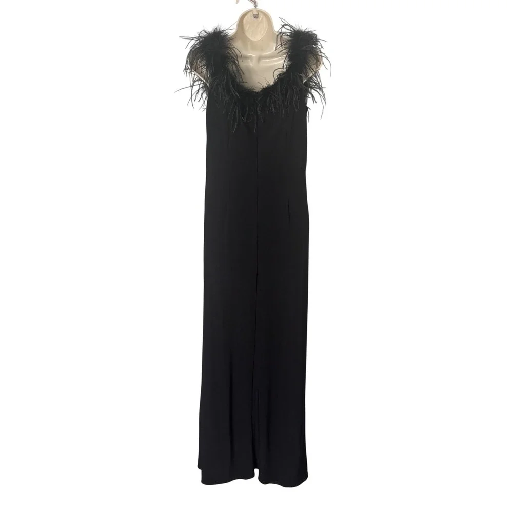 Alex Evenings Gianna Black Ostrich Feather Off The Shoulder Jersey Gown 12 NWT‎